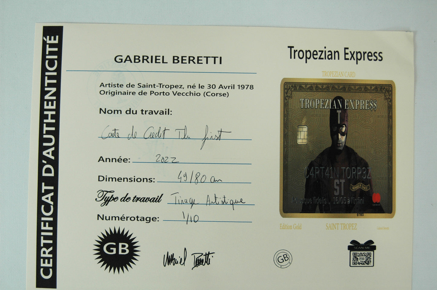 Tableau Plexiglass Carte de Crédit The First Captain Torpez